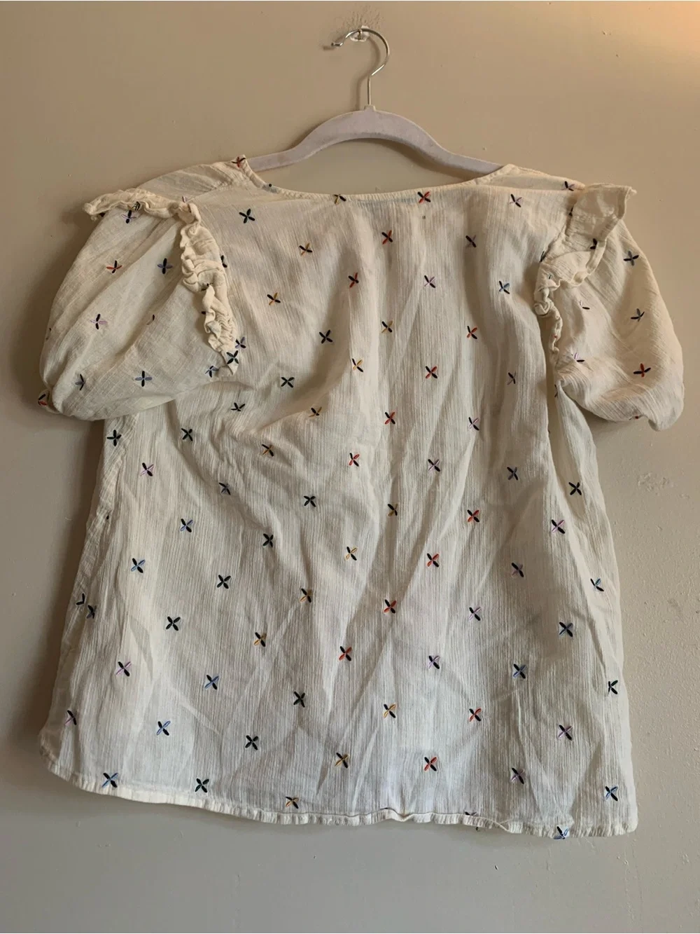 Madewell Cream V-Neck Puff Sleeve Top with Multicolor Cross Stitch Size XS